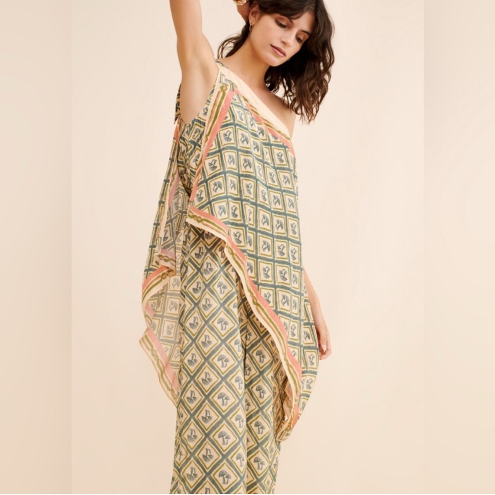 FARM Rio Green Geometric One-Shoulder Jumpsuit with Pink Trim